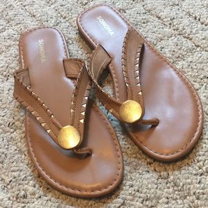 Cognac and Gold Flip Flops